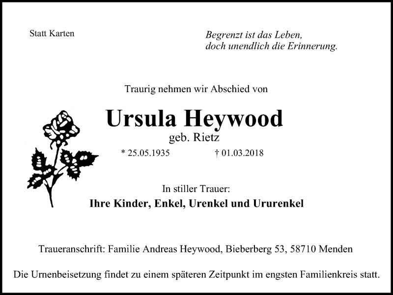  Traueranzeige für Ursula Heywood vom 10.03.2018 aus Stadtspiegel Iserlohn + Hemer
