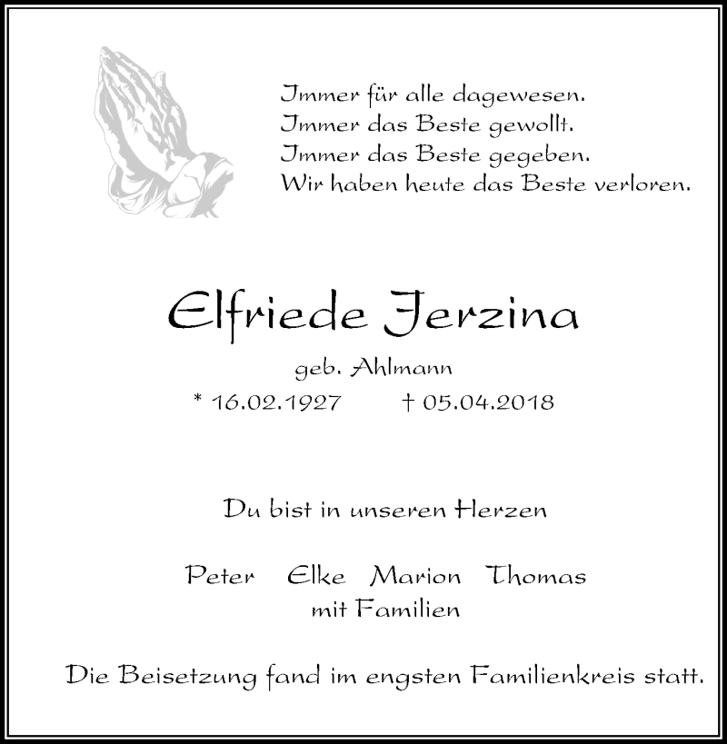  Traueranzeige für Elfriede Jerzina vom 25.04.2018 aus Stadtspiegel Bochum + Wattenscheid