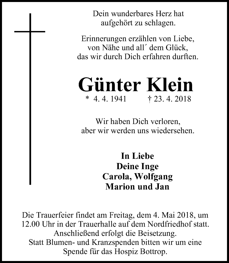  Traueranzeige für Günter Klein vom 28.04.2018 aus Stadtspiegel Bottrop