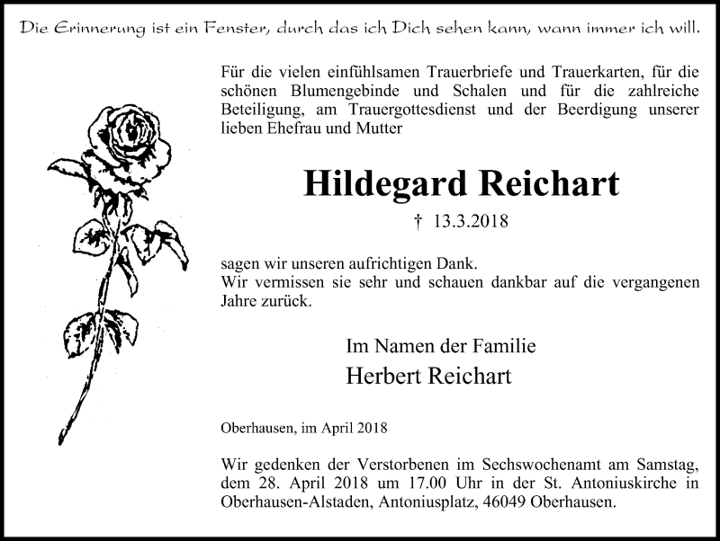  Traueranzeige für Hildegard Reichart vom 21.04.2018 aus Wochen-Anzeiger Oberhausen