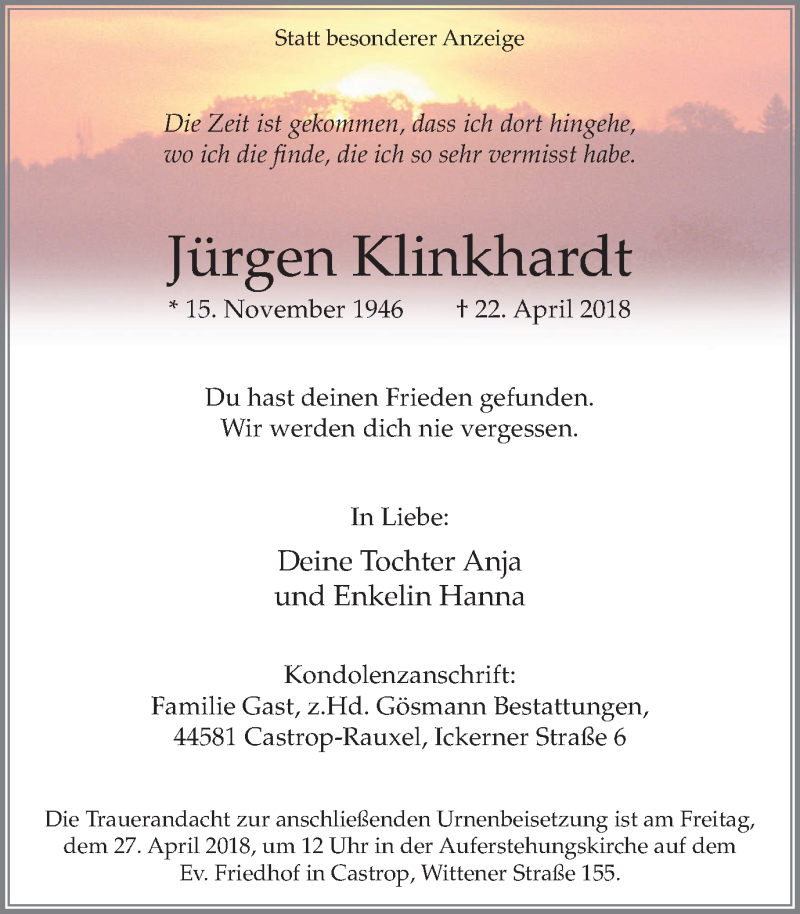 Traueranzeige für Jürgen Klinkhardt vom 25.04.2018 aus Stadtanz.Castrop-Rauxel