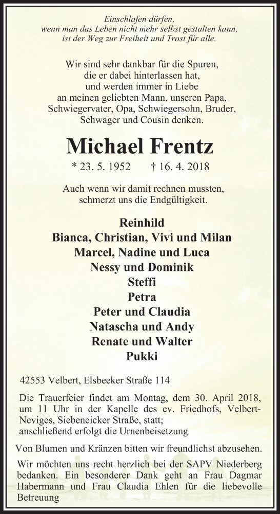  Traueranzeige für Michael Frentz vom 25.04.2018 aus Stadtanzeiger Velbert + Heiligenhaus