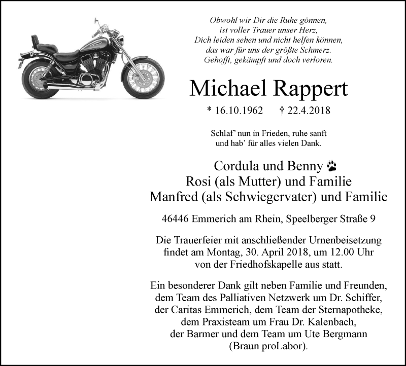  Traueranzeige für Michael Rappert vom 25.04.2018 aus Stadtanzeiger Emmerich/Rees/Isselburg