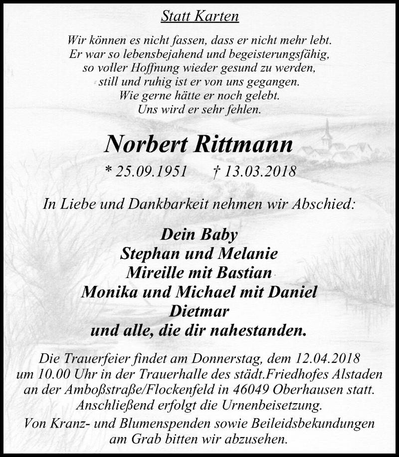  Traueranzeige für Norbert Rittmann vom 07.04.2018 aus Wochen-Anzeiger Oberhausen