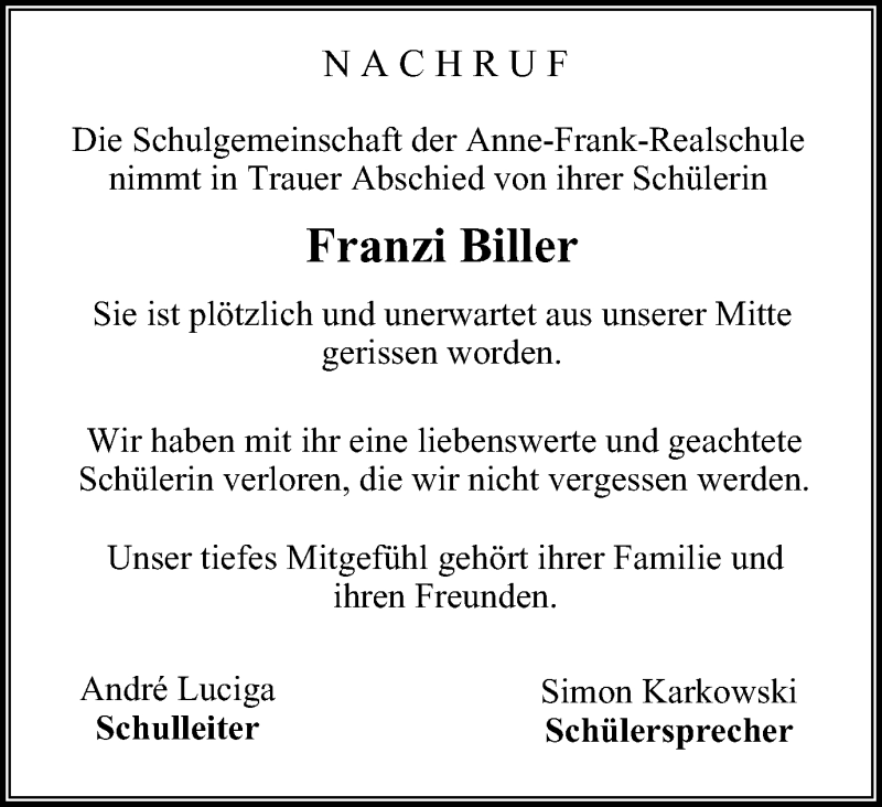  Traueranzeige für Franzi Biller vom 19.05.2018 aus Stadtspiegel Gladbeck