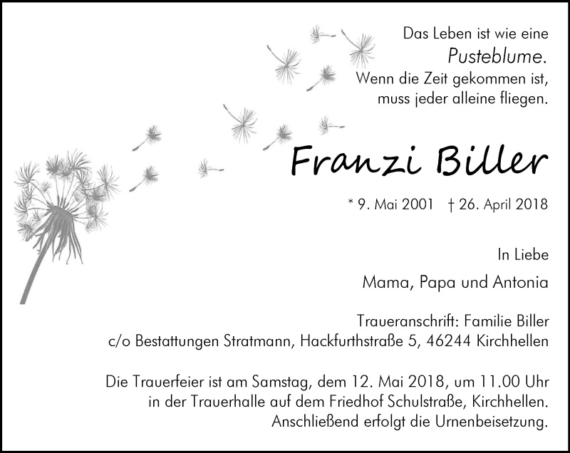  Traueranzeige für Franzi Biller vom 09.05.2018 aus Stadtspiegel Gladbeck