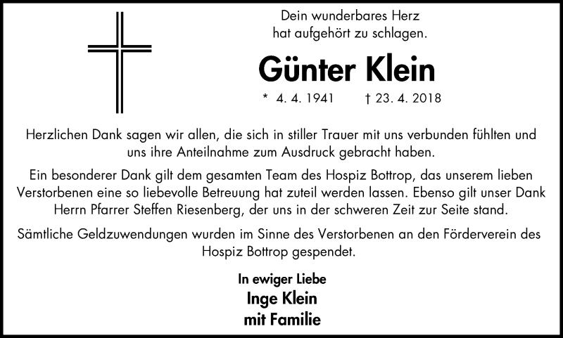  Traueranzeige für Günter Klein vom 16.05.2018 aus Stadtspiegel Bottrop
