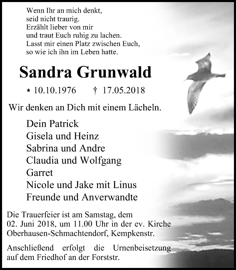  Traueranzeige für Sandra Grunwald vom 26.05.2018 aus Wochen-Anzeiger Oberhausen