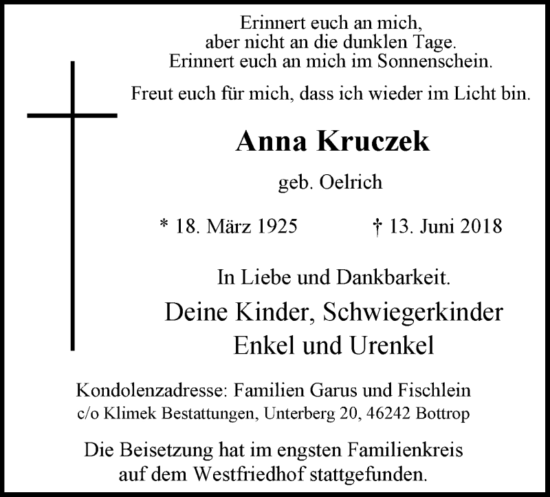  Traueranzeige für Anna Kruczek vom 20.06.2018 aus Stadtspiegel Bottrop