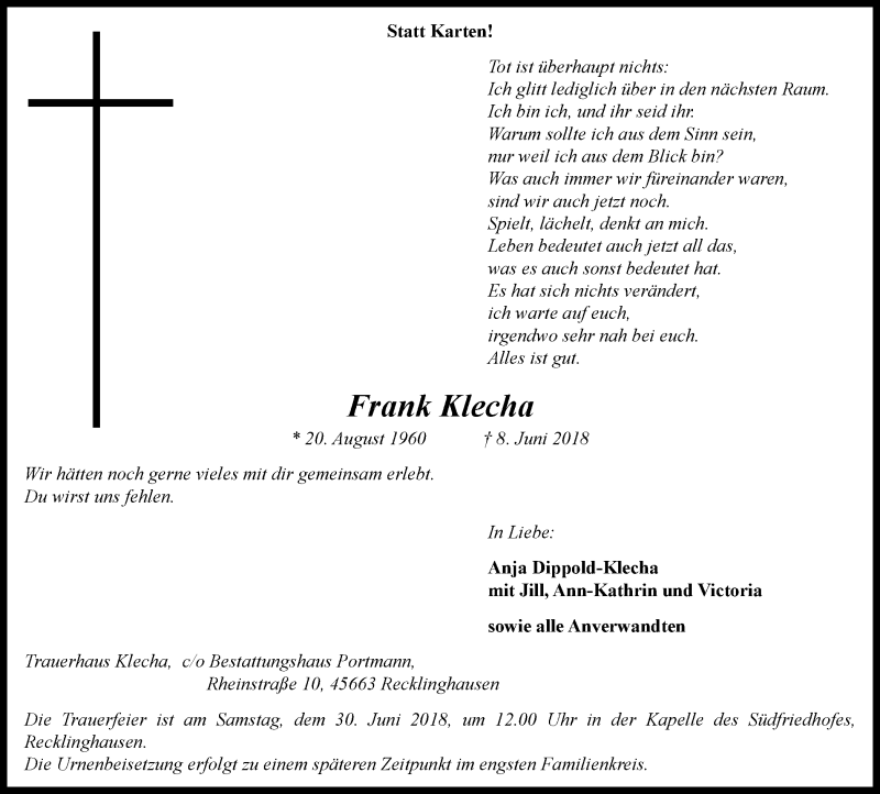  Traueranzeige für Frank Klecha vom 23.06.2018 aus Wochenblatt Herne/Wanne-Eickel
