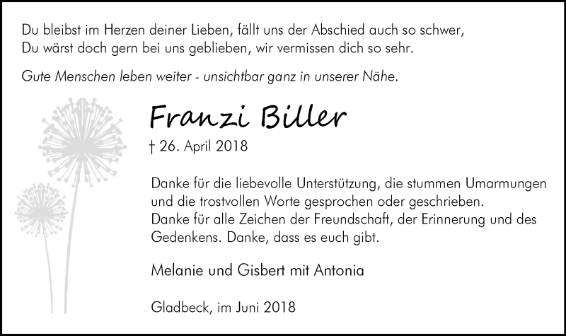  Traueranzeige für Franzi Biller vom 23.06.2018 aus Stadtspiegel Bottrop
