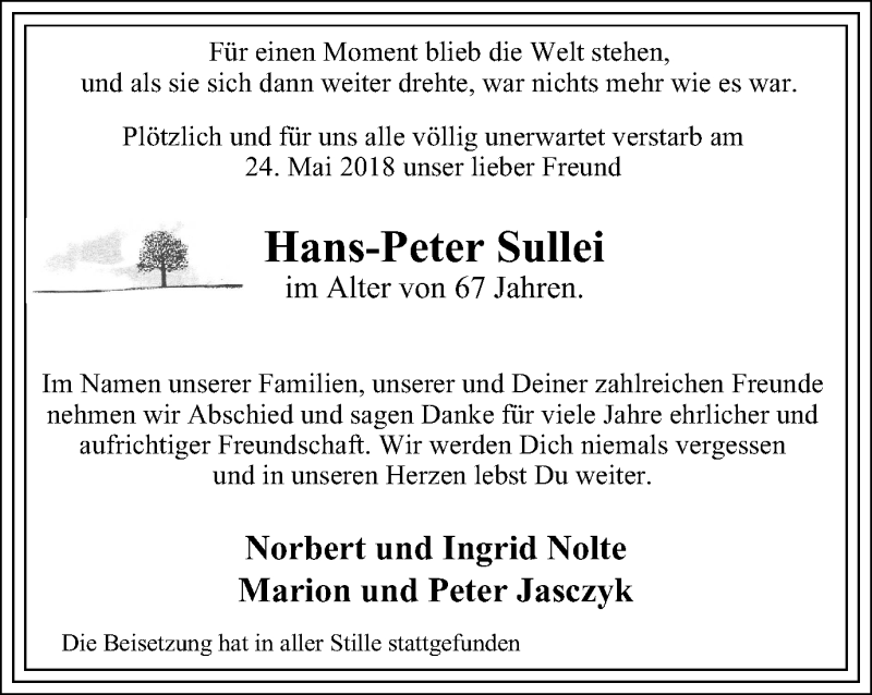  Traueranzeige für Hans-Peter Sullei vom 06.06.2018 aus Stadtspiegel Bochum