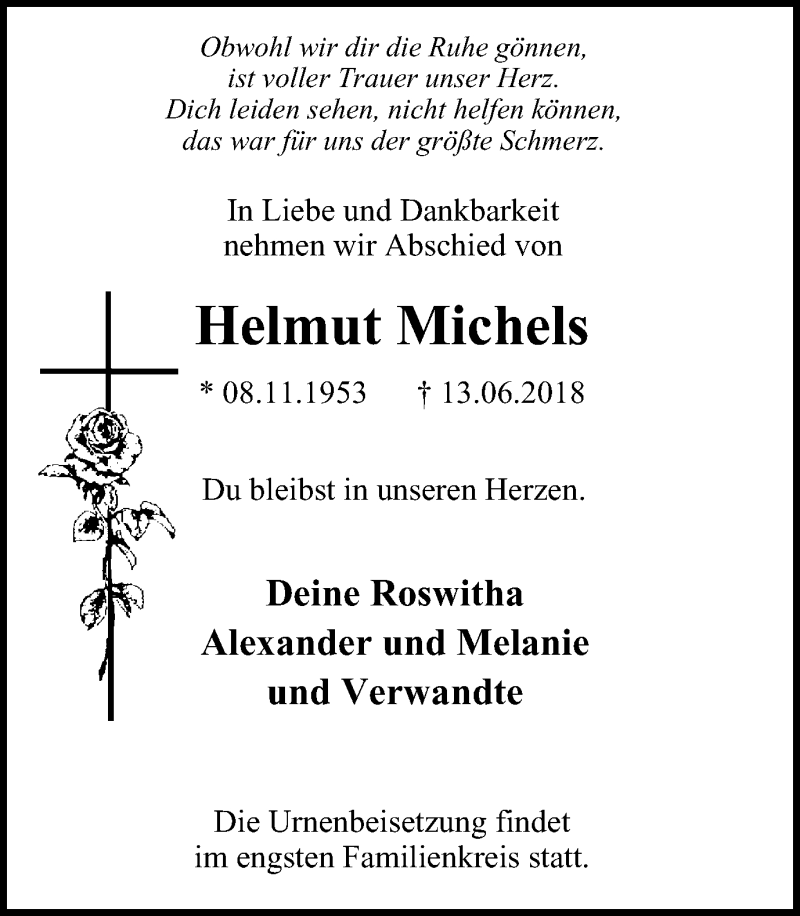  Traueranzeige für Helmut Michels vom 16.06.2018 aus Stadtanz.Castrop-Rauxel