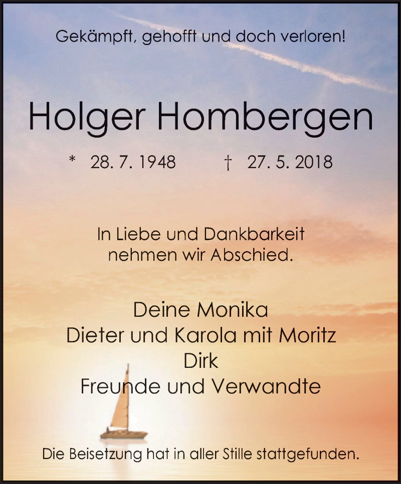  Traueranzeige für Holger Hombergen vom 06.06.2018 aus Stadtspiegel Bottrop