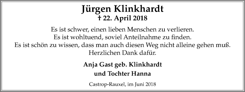 Traueranzeige für Jürgen Klinkhardt vom 02.06.2018 aus Stadtanz.Castrop-Rauxel