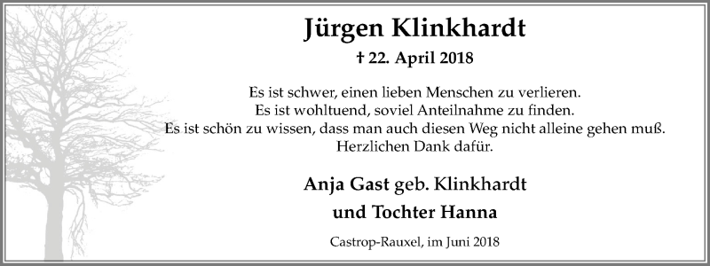  Traueranzeige für Jürgen Klinkhardt vom 06.06.2018 aus Stadtanz.Castrop-Rauxel