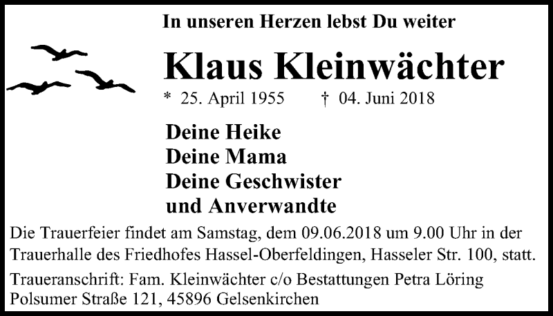  Traueranzeige für Klaus Kleinwächter vom 06.06.2018 aus Stadtspiegel Gelsenkirchen