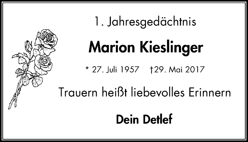  Traueranzeige für Marion Kieslinger vom 02.06.2018 aus Stadtspiegel Essen