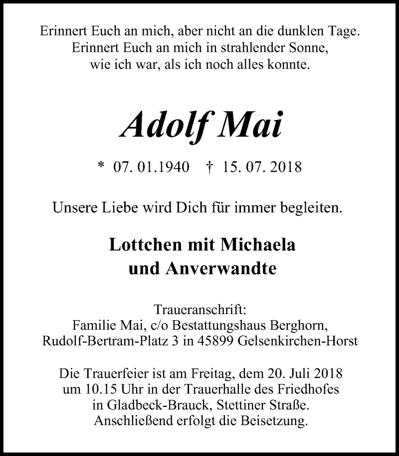  Traueranzeige für Adolf Mai vom 18.07.2018 aus Stadtspiegel Gladbeck