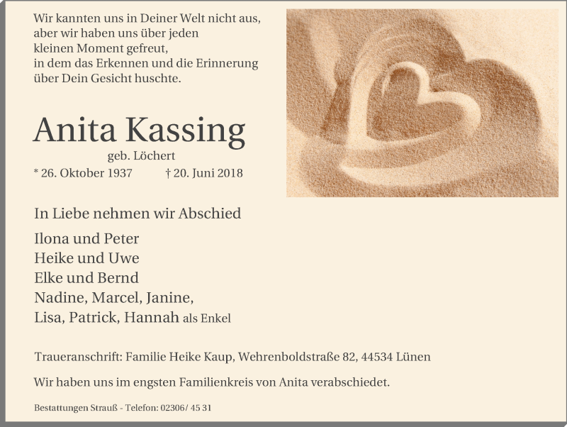  Traueranzeige für Anita Kassing vom 04.07.2018 aus Lüner Anzeiger