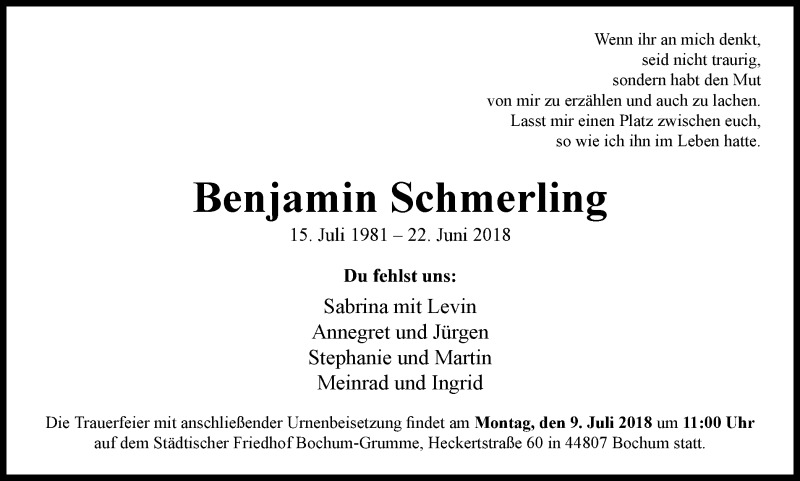  Traueranzeige für Benjamin Schmerling vom 04.07.2018 aus Stadtspiegel Bochum + Wattenscheid