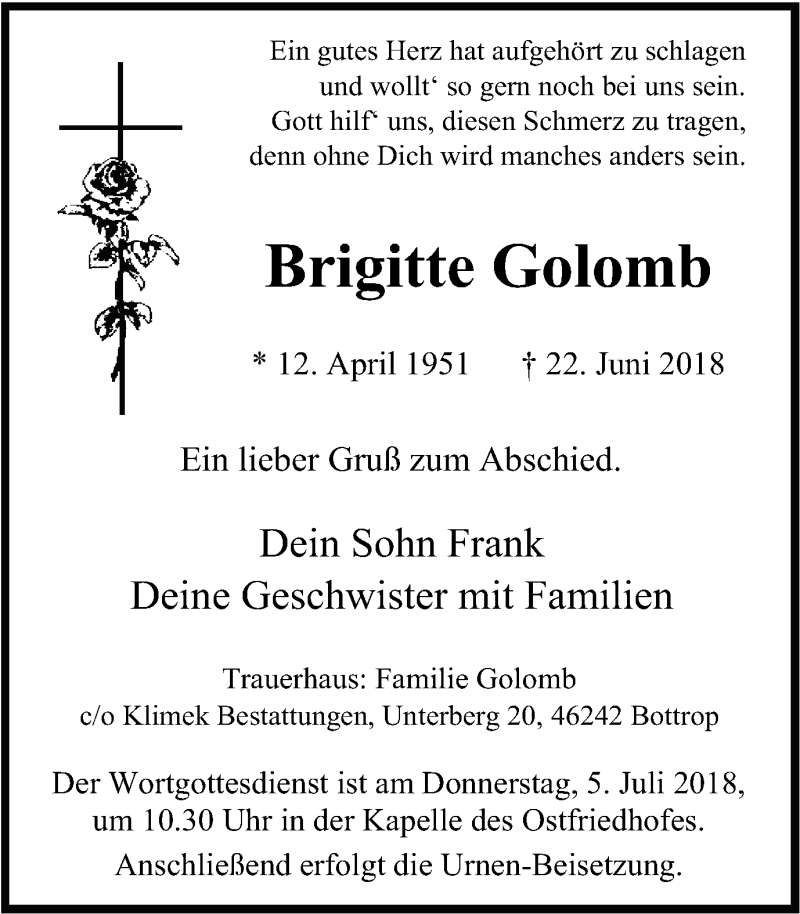  Traueranzeige für Brigitte Golomb vom 04.07.2018 aus Stadtspiegel Bottrop