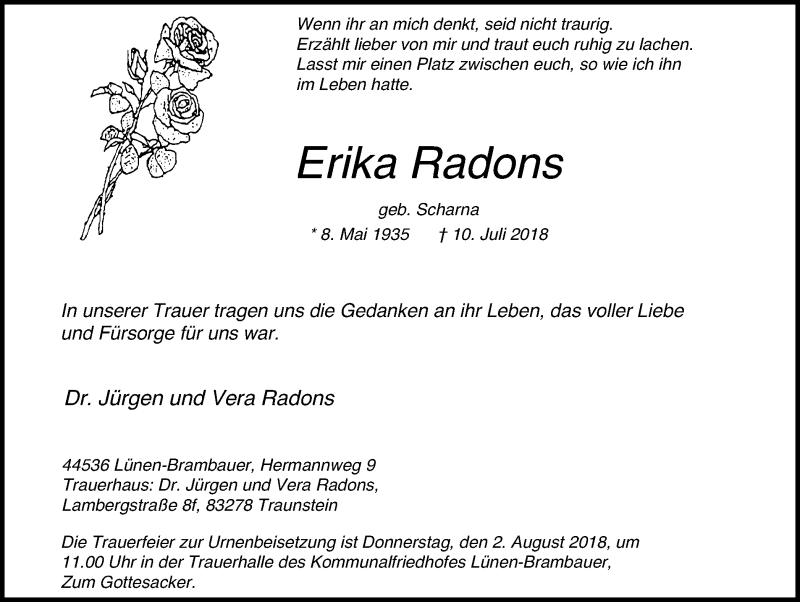  Traueranzeige für Erika Radons vom 25.07.2018 aus Lüner Anzeiger