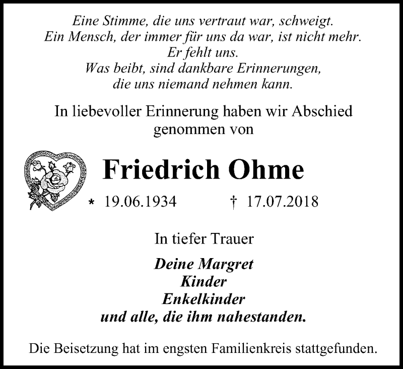  Traueranzeige für Friedrich Ohme vom 28.07.2018 aus Stadtspiegel Gelsenkirchen