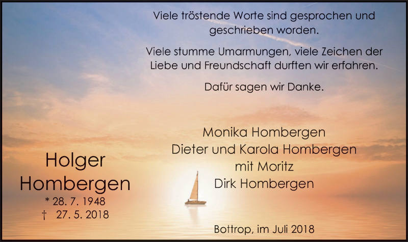  Traueranzeige für Holger Hombergen vom 07.07.2018 aus Stadtspiegel Bottrop