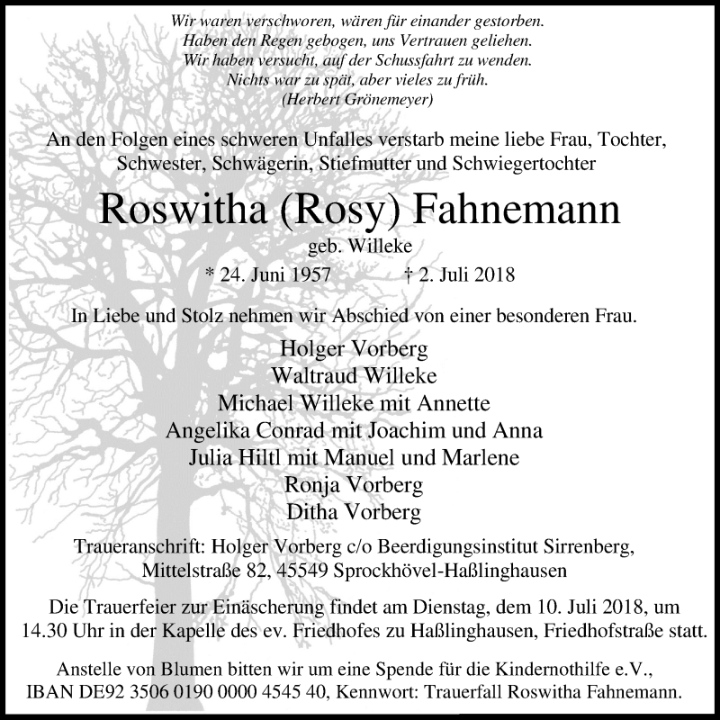  Traueranzeige für Roswitha Rosy Fahnemann vom 07.07.2018 aus Stadtspiegel Hattingen/Niedersprockhövel