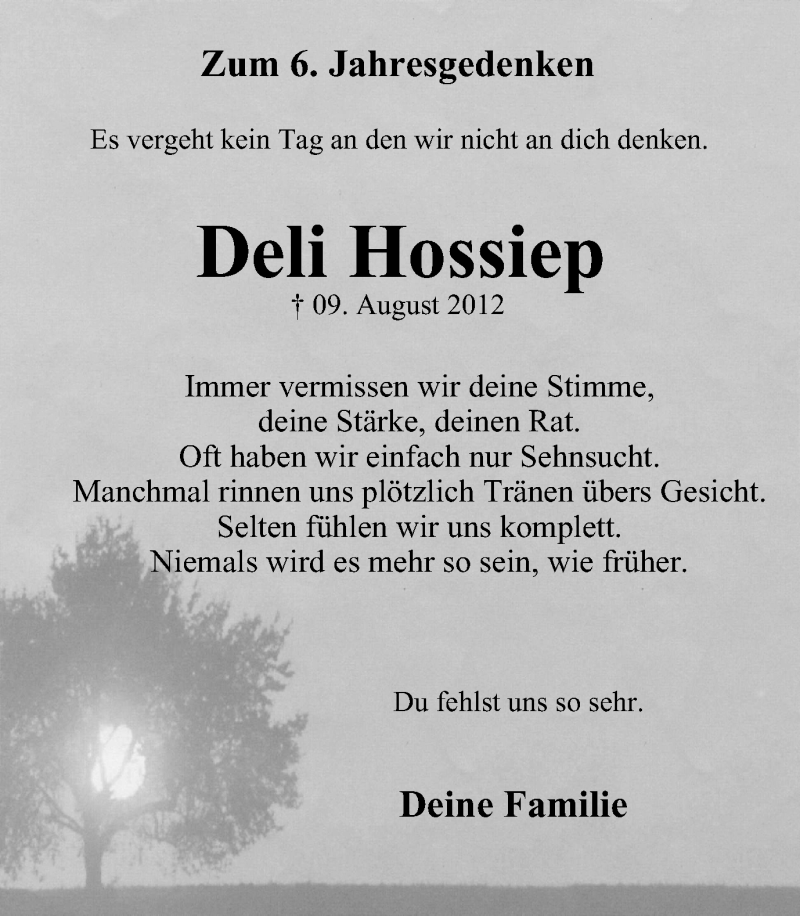  Traueranzeige für Deli Hossiep vom 11.08.2018 aus Stadtspiegel Hattingen/Niedersprockhövel