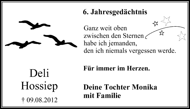  Traueranzeige für Deli Hossiep vom 15.08.2018 aus Stadtspiegel Hattingen/Niedersprockhövel