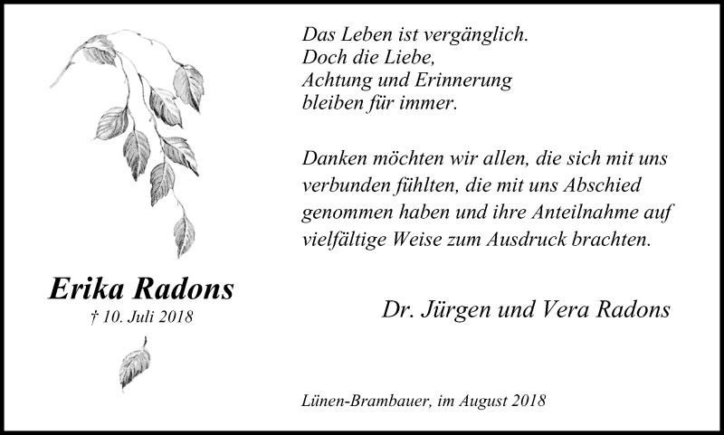  Traueranzeige für Erika Radons vom 11.08.2018 aus Lüner Anzeiger