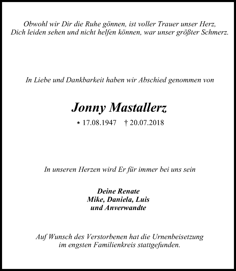  Traueranzeige für Jonny Mastallerz vom 11.08.2018 aus Wochen-Anzeiger Oberhausen