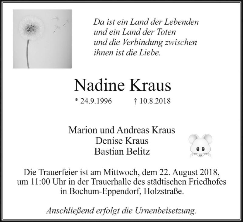  Traueranzeige für Nadine Kraus vom 18.08.2018 aus Stadtspiegel Bochum + Wattenscheid