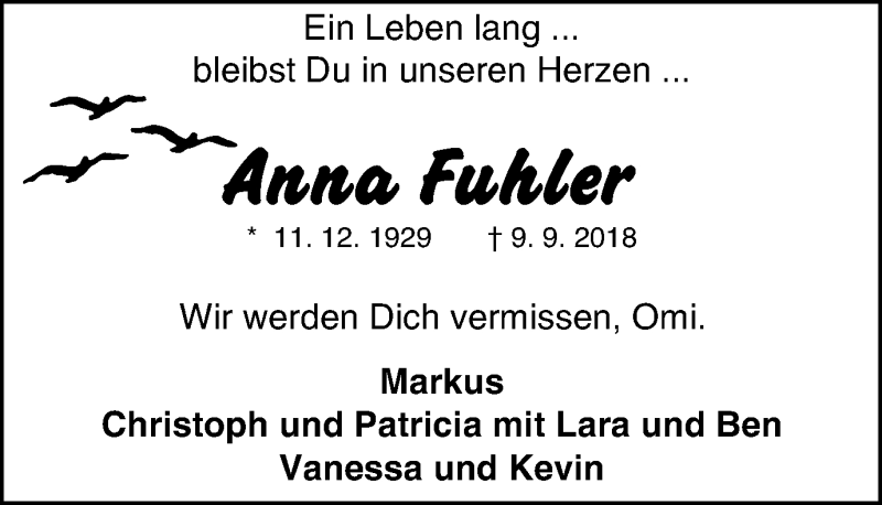  Traueranzeige für Anna Fuhler vom 12.09.2018 aus Stadtspiegel Bottrop