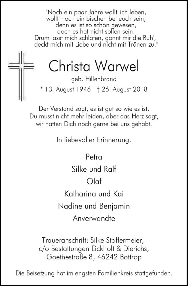  Traueranzeige für Christa Warwel vom 08.09.2018 aus Stadtspiegel Bottrop