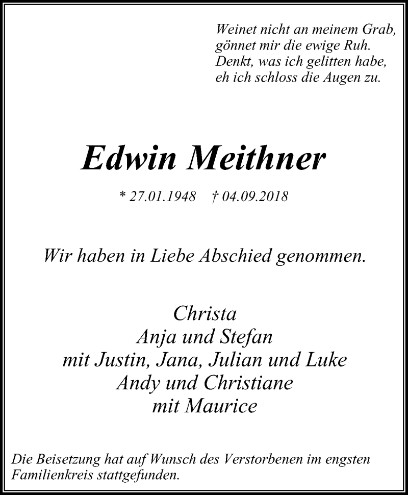  Traueranzeige für Edwin Meithner vom 12.09.2018 aus Stadtspiegel Bochum + Wattenscheid