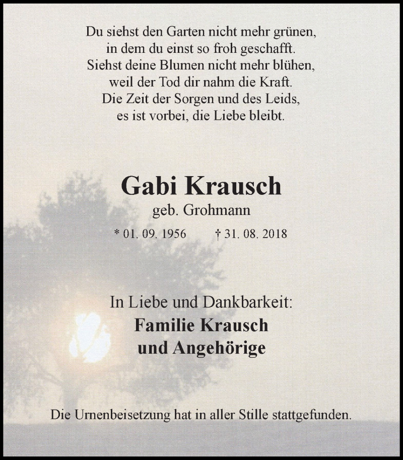  Traueranzeige für Gabi Krausch vom 15.09.2018 aus Wochen-Anzeiger Oberhausen