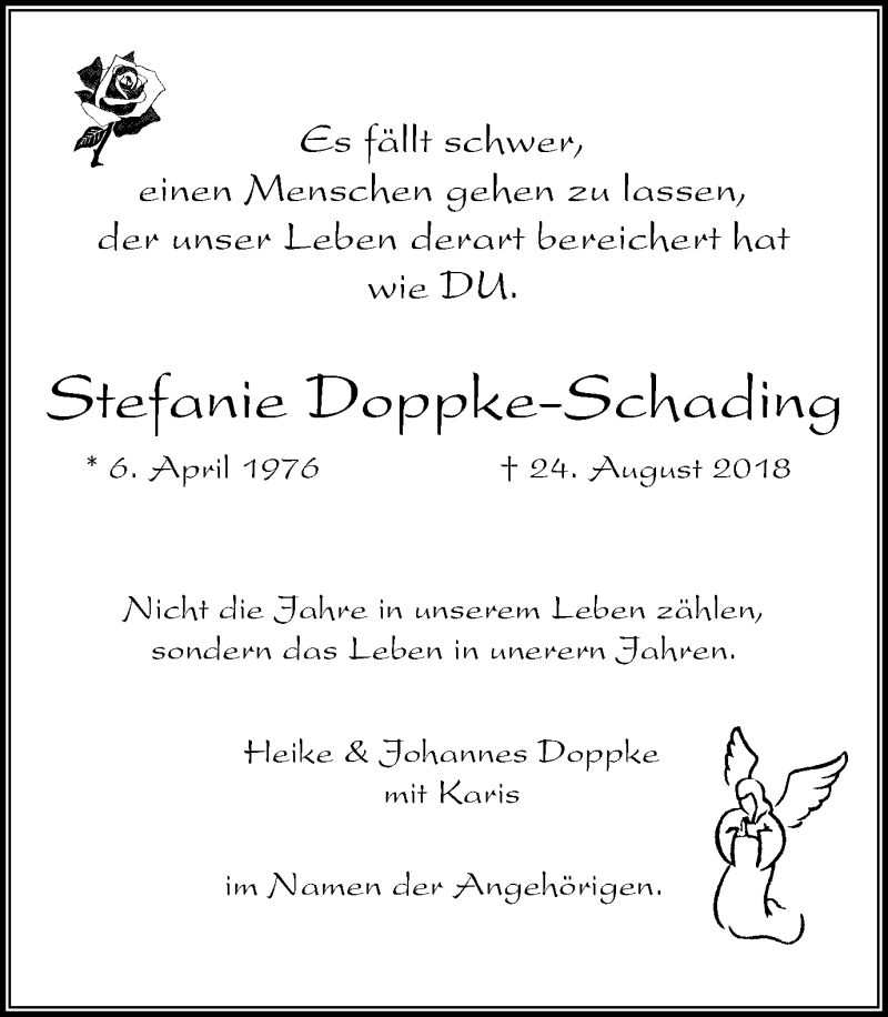  Traueranzeige für Stefanie Doppke-Schading vom 12.09.2018 aus Kettwig Kurier