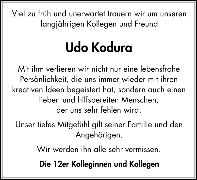  Traueranzeige für Udo Kodura vom 29.09.2018 aus Stadtspiegel Bottrop