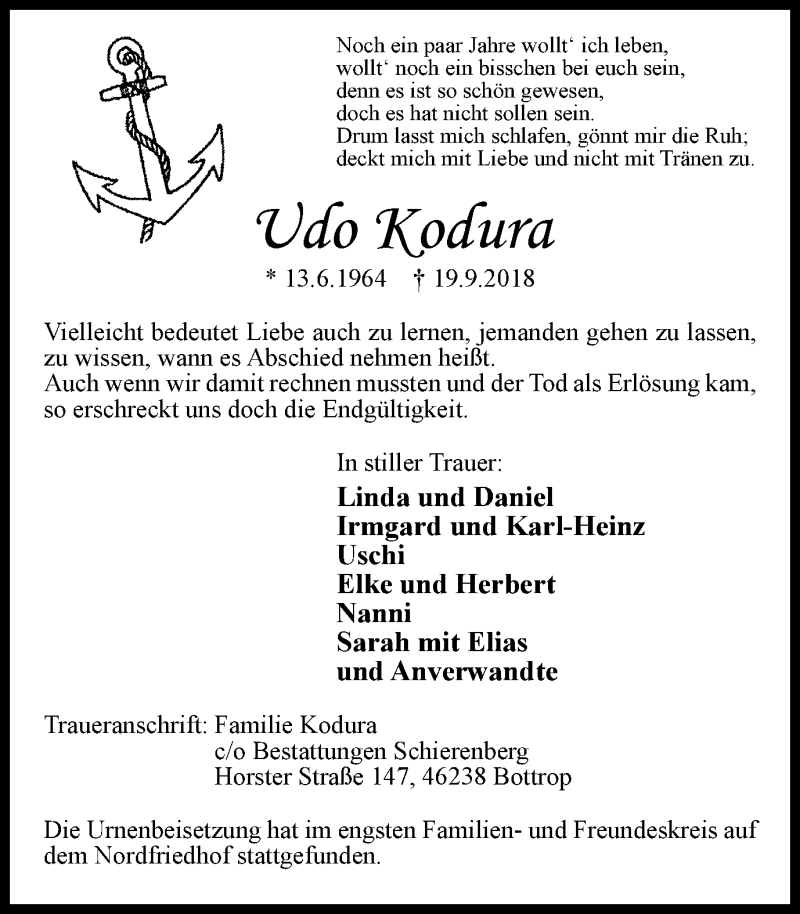 Traueranzeige für Udo Kodura vom 29.09.2018 aus Stadtspiegel Bottrop