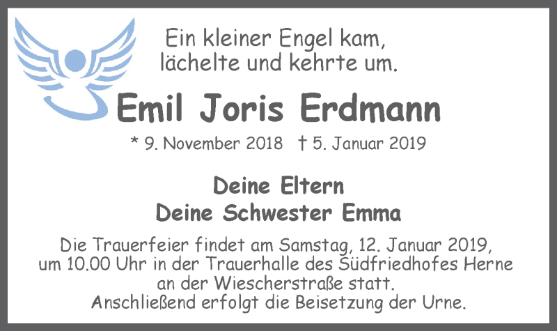  Traueranzeige für Emil Joris Erdmann vom 09.01.2019 aus Wochenblatt Herne/Wanne-Eickel