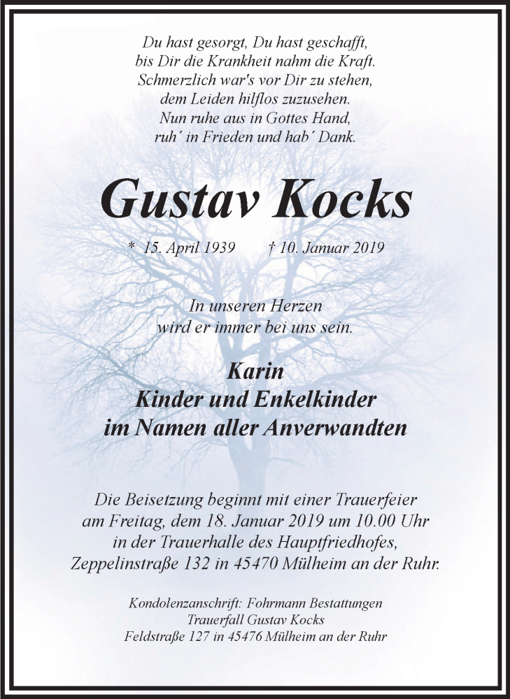  Traueranzeige für Gustav Kocks vom 16.01.2019 aus Mülheimer Woche