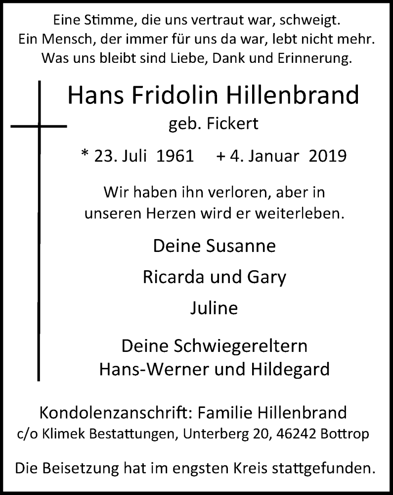  Traueranzeige für Hans Fridolin Hillenbrand vom 16.01.2019 aus Stadtspiegel Bottrop