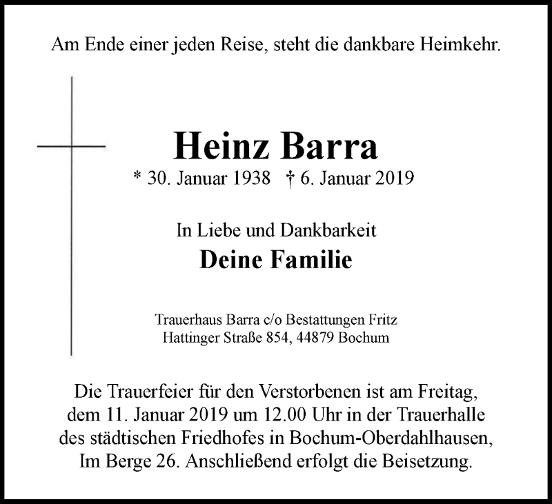  Traueranzeige für Heinz Barra vom 09.01.2019 aus Stadtspiegel Bochum