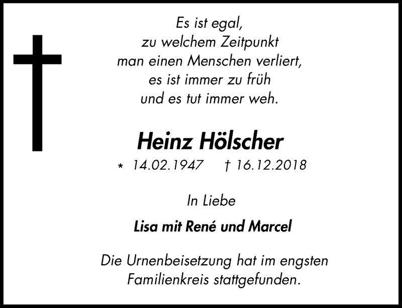  Traueranzeige für Heinz Hölscher vom 05.01.2019 aus Wochen-Anzeiger Oberhausen