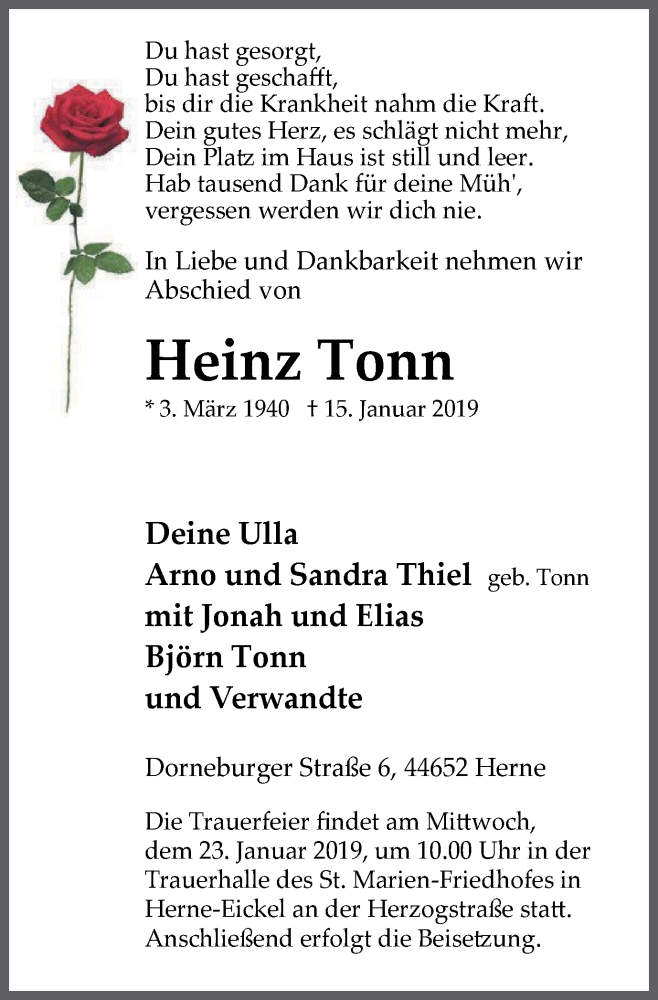  Traueranzeige für Heinz Tonn vom 19.01.2019 aus Wochenblatt Herne/Wanne-Eickel