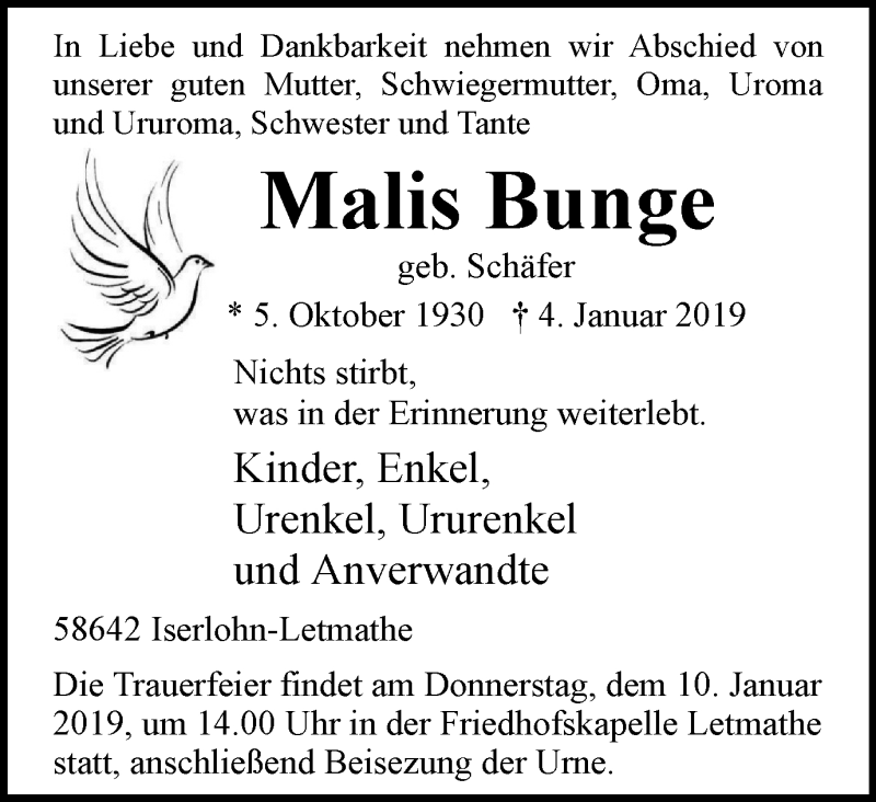  Traueranzeige für Malis Bunge vom 09.01.2019 aus Stadtspiegel Iserlohn + Hemer