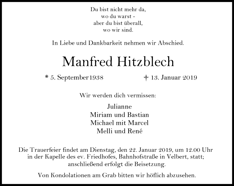  Traueranzeige für Manfred Hitzblech vom 16.01.2019 aus Stadtanzeiger Velbert + Heiligenhaus